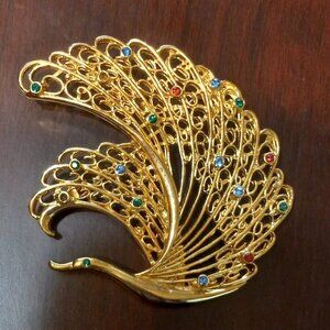 Vintage Peacock Brooch Gold Tone With Red Blue And Green Rhinestones